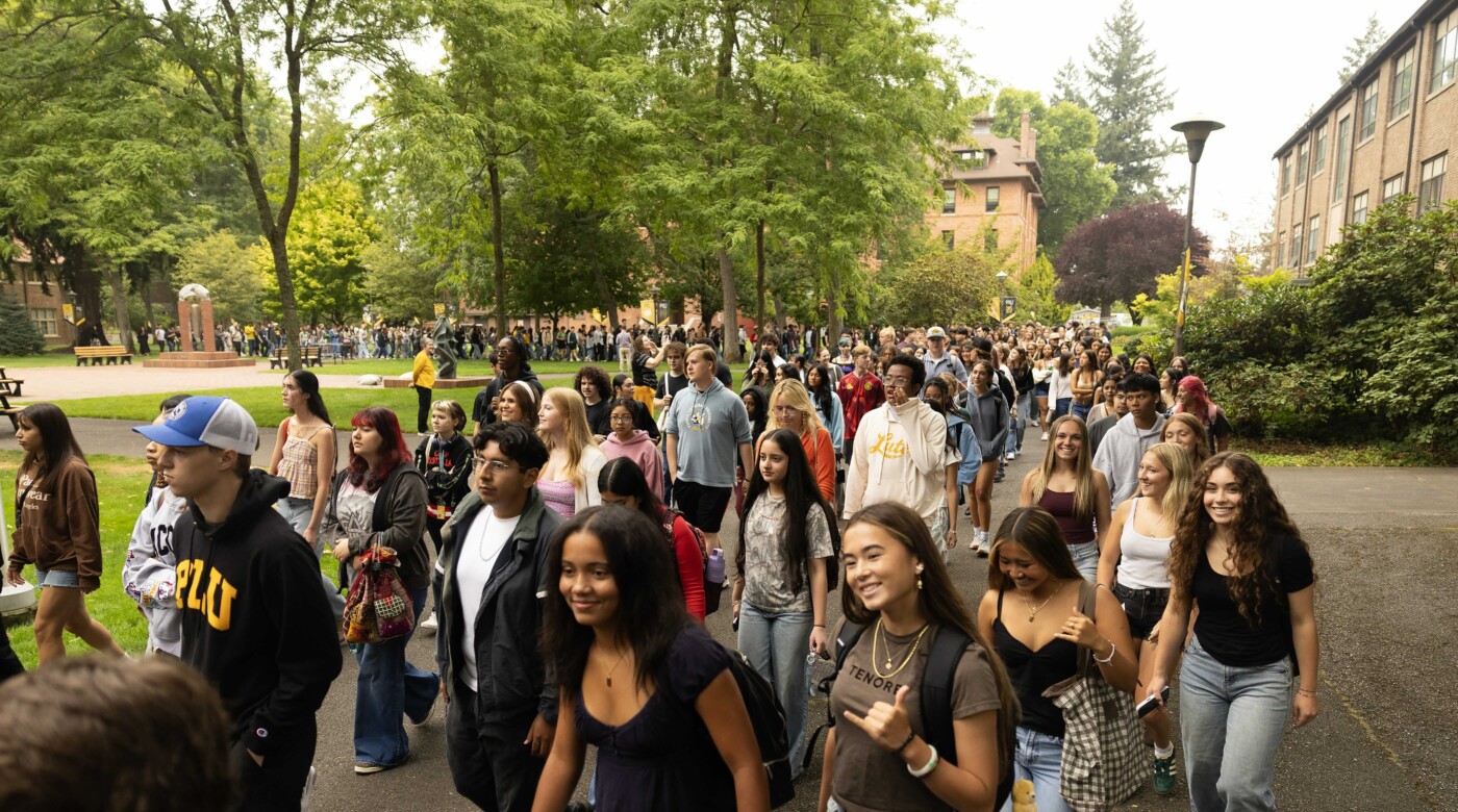 Large group of students gathered on campus for PLU's traditional start of the year Convocation event.