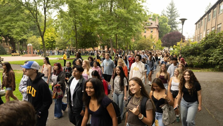 Large group of students gathered on campus for PLU's traditional start of the year Convocation event.