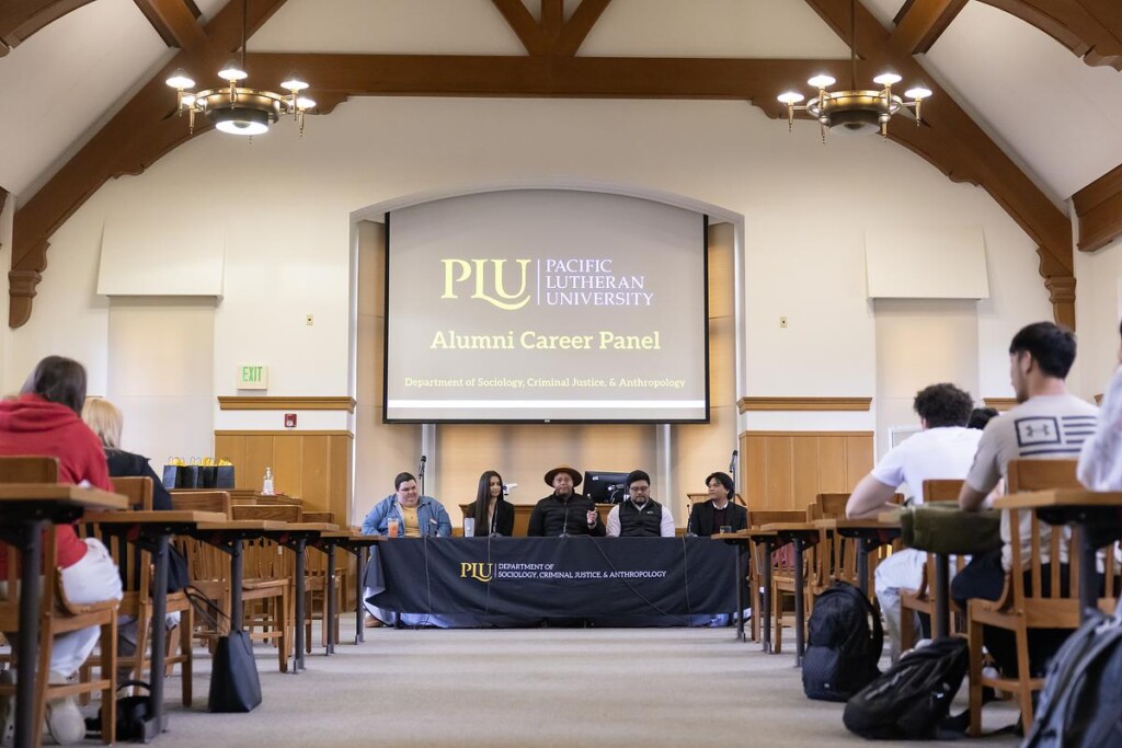 20260422_SB_SOCI-CRIMJ-ANTHRO-Panel_010-medium Pacific Lutheran University alumni career panel discussion with audience seated in auditorium
