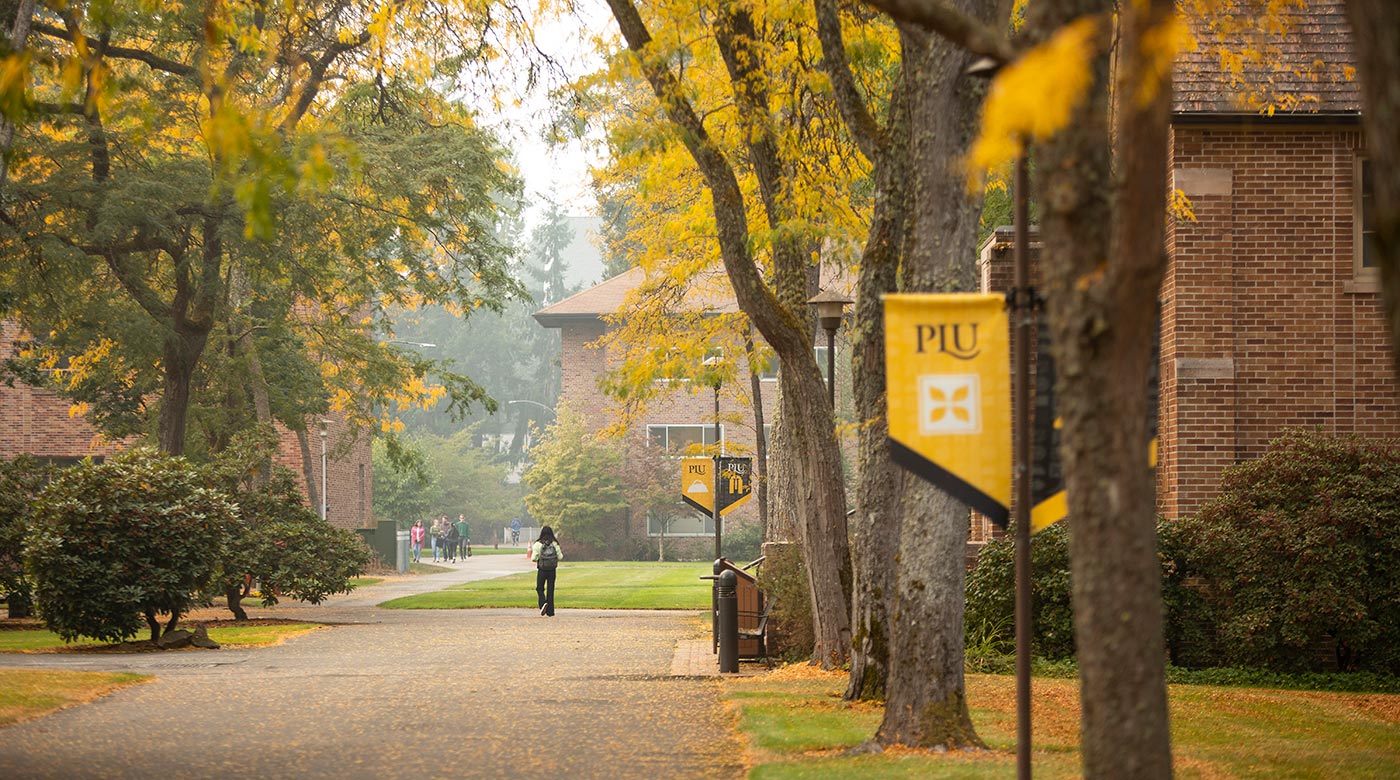 A fall morning on PLU's campus with fog. (PLU Photo / Sy Bean)