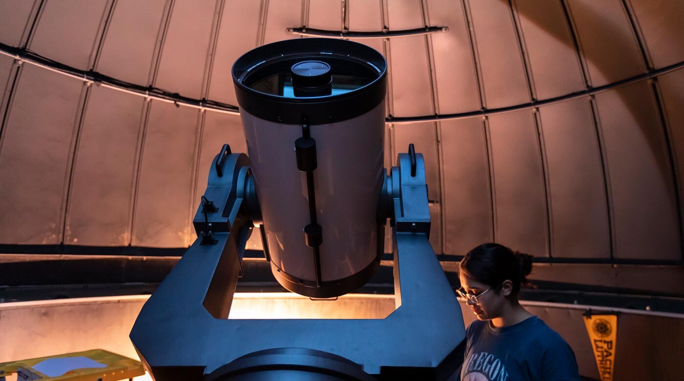 Students gather in the Keck Observatory for their summer research projects, Tuesday, July 21, 2026, at PLU. (PLU Photo / Sy Bean)