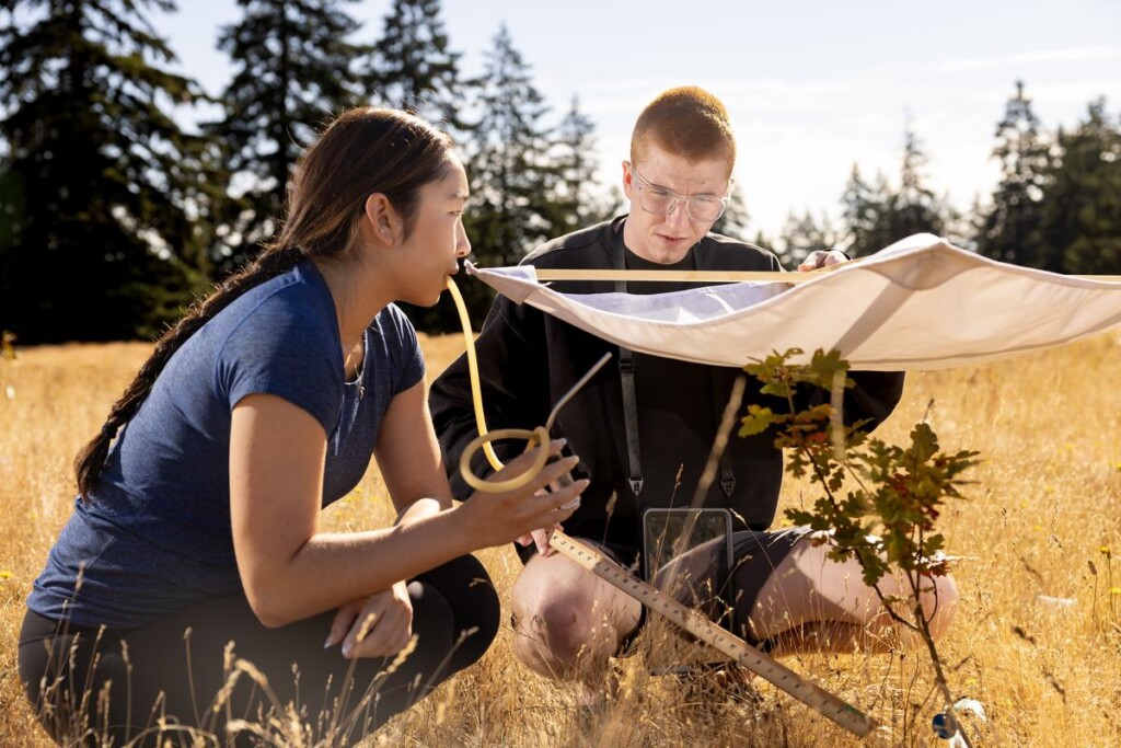20260714_SB_NSSURP-Resolute-Research_017-medium Two students sit in a field looking over a white tarp. The student in the foreground has a rubber tube in her mouth and the student in the background is closely examining the surface of the white tarp.