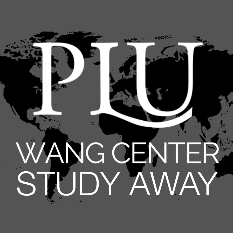 PLU Wang Center: Study Away (over black & grey map of the world)
