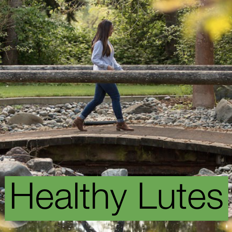 Healthy Lutes (over image of woman walking across pond bridge)
