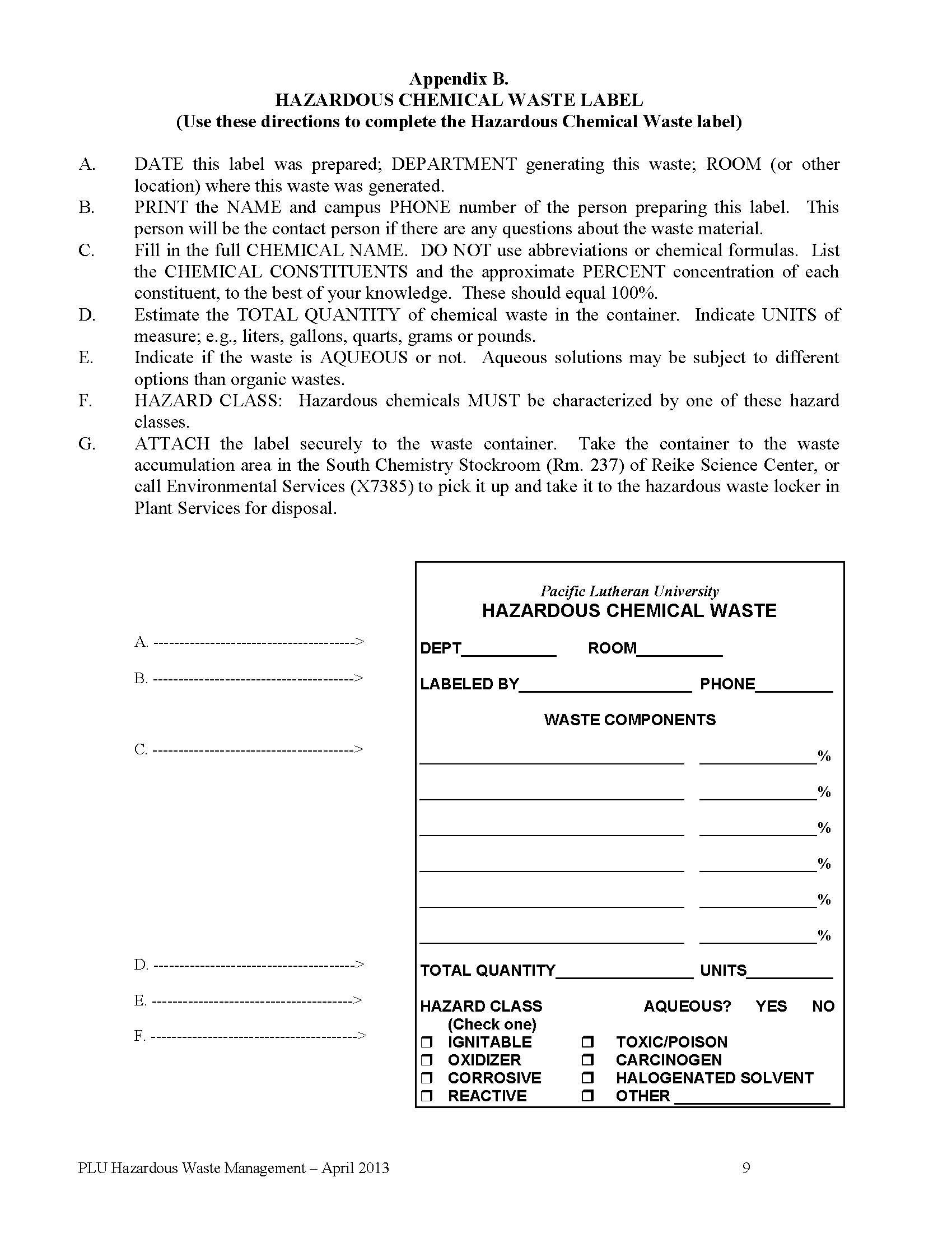 Plu Hazardous Waste Management Plan Appendix Occupational Health