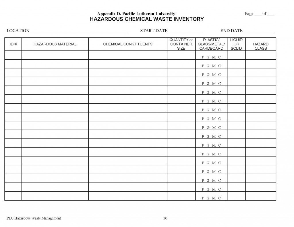 Hazardous Waste Management_Appendix D HAZARDOUS CHEMICAL WASTE INVENTORY