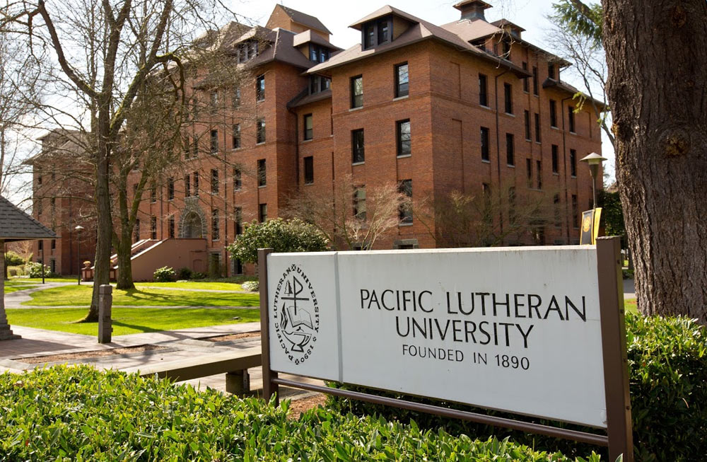 Pacific Lutheran University sign outside of Harstad Hall