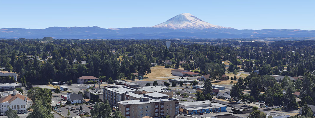 Aerial view of Parkland looking toward Mt. Rainier.