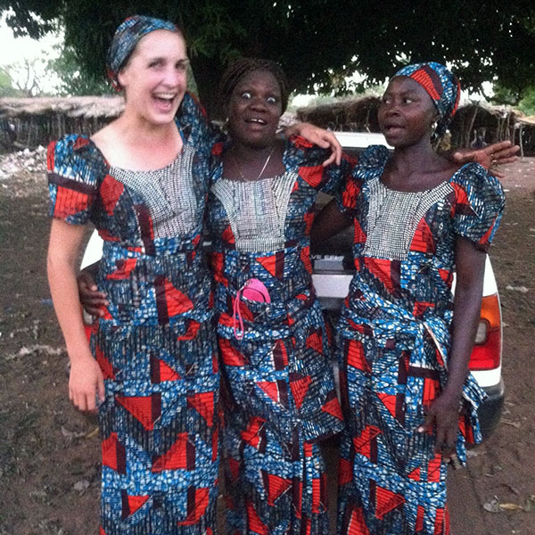 Sarah Slinker and two friends celebrating a holiday, wearing traditional "panye"