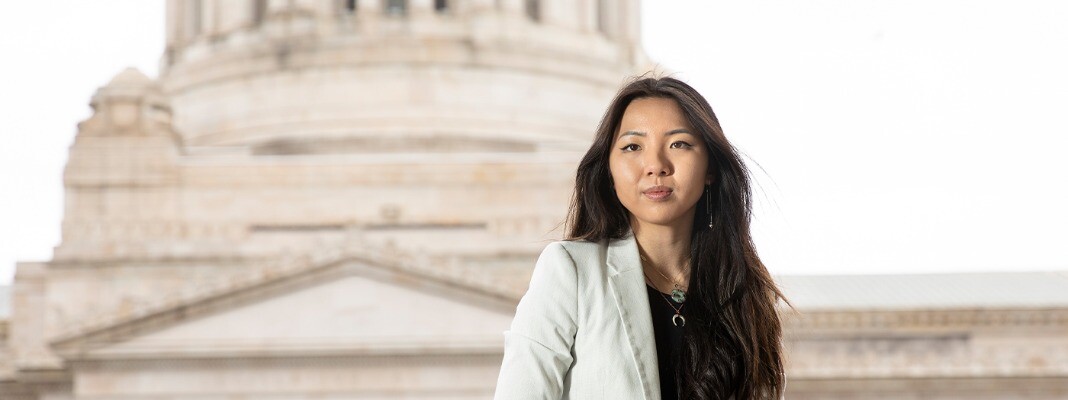 Image: Quan Huynh ‘25 at Washington State’s capitol building (PLU photo/Sy Bean)