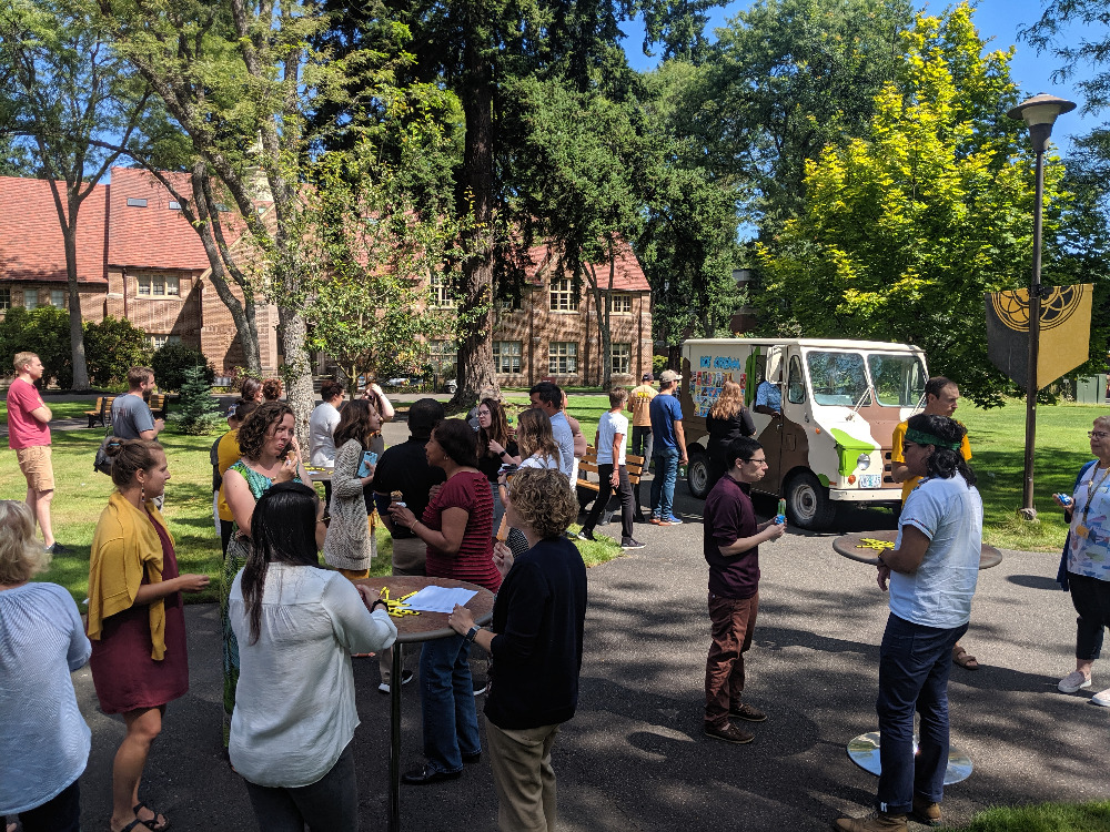 Staff gathered around the ice cream truck.