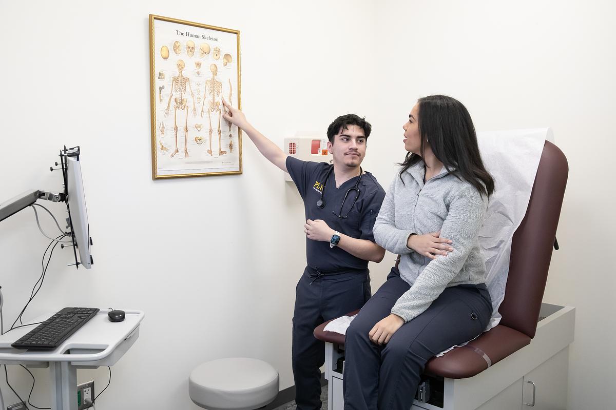 Two people examining medical poster in doctor's office.