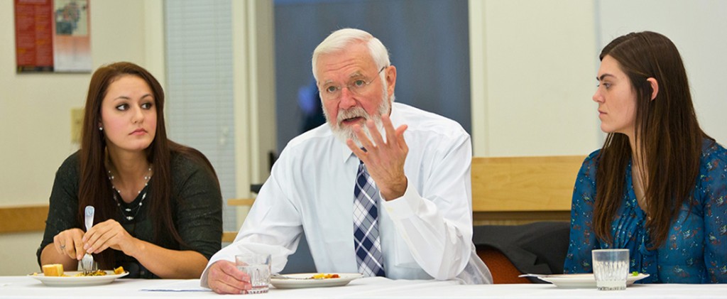 Dr. William Foege '57 meets and has lunch with students at PLU on Thursday, Nov. 21, 2013. (Photo/John Froschauer)