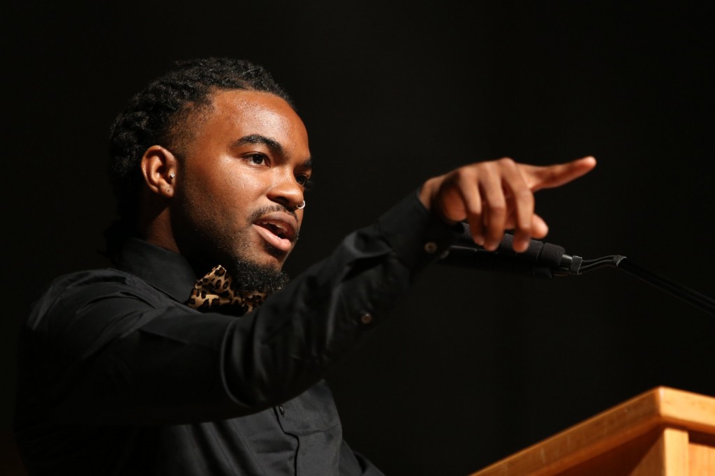 Jonathan Adams '16 presented the Student Address at PLU's 2015 Convocation on Sept. 8. (Photo: John Froschauer/PLU)