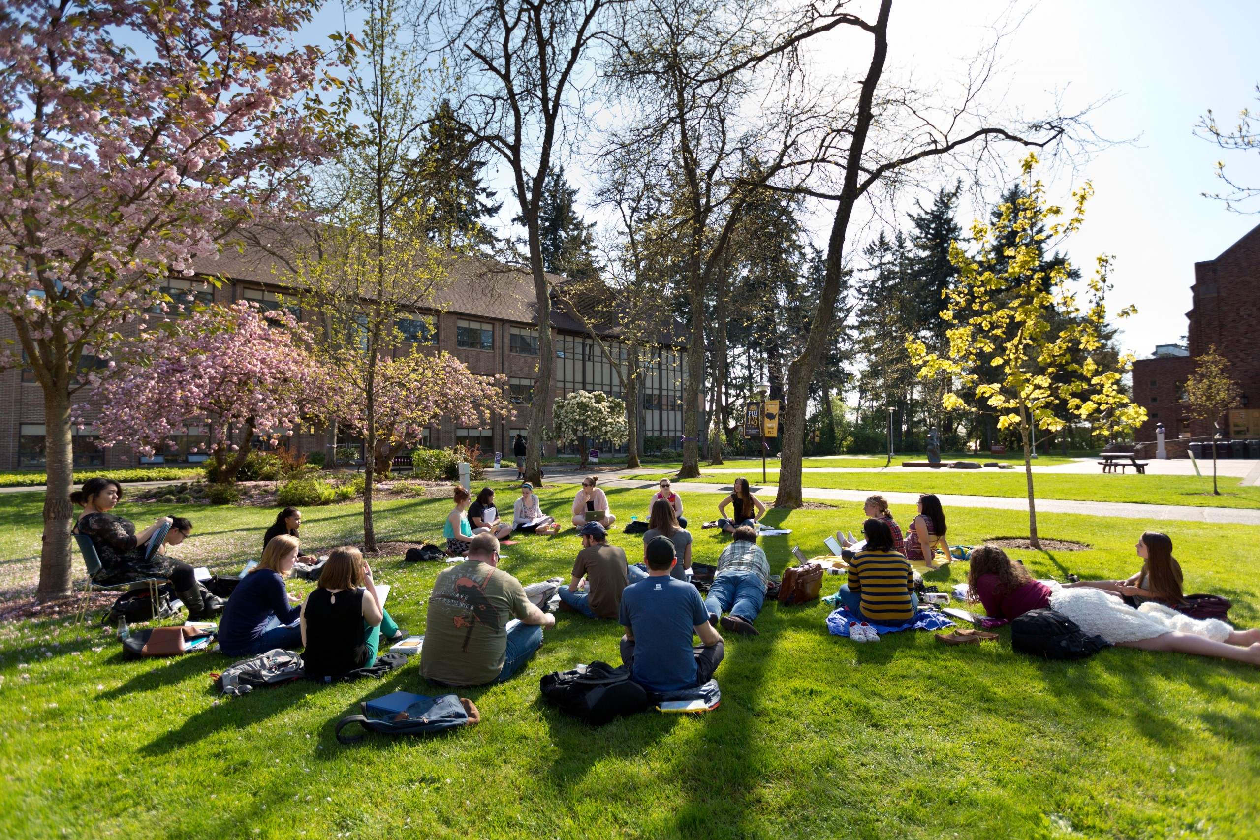 Outdoor class at PLU on Monday, April 20, 2015. (Photo: John Froschauer/PLU)
