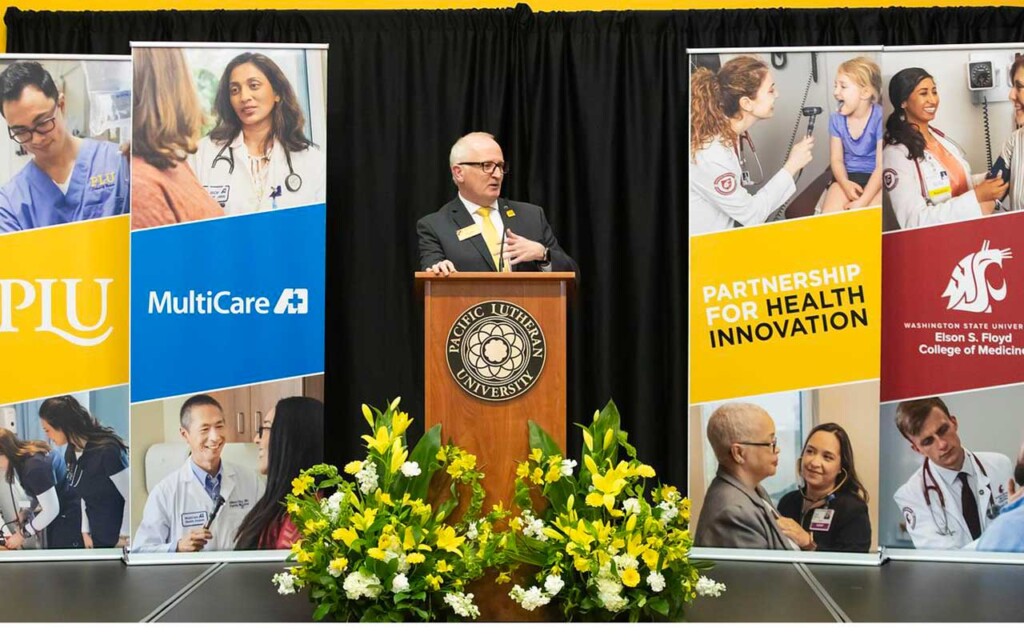 PLU President Allan Belton at the Partnership for Health Innovation announcement. PLU President Allan Belton at the Partnership for Health Innovation announcement.