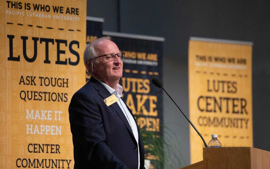Fall Gathering PLU President Allan Belton making a welcome address to faculty and staff.