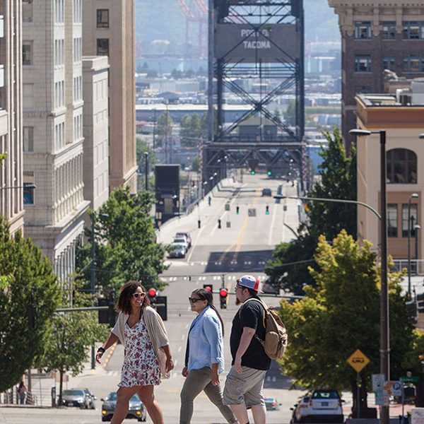 PLU students walking in downtown Tacoma, WA