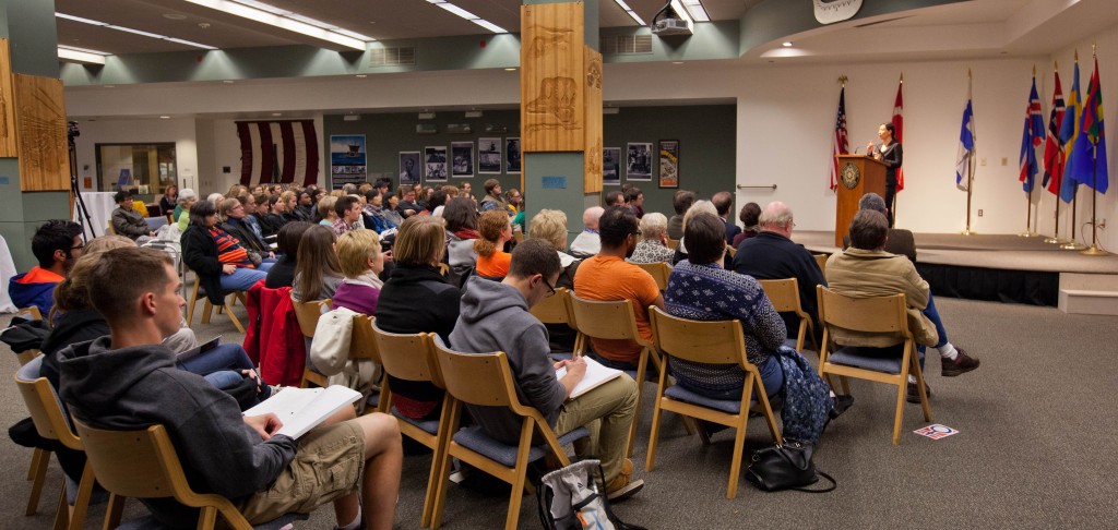 Harstad Lecture by Cathrine Sandnes, of Norway, in the Scandinavian Center at at PLU on Monday, Nov. 17, 2014. (PLU Photo/John Froschauer)