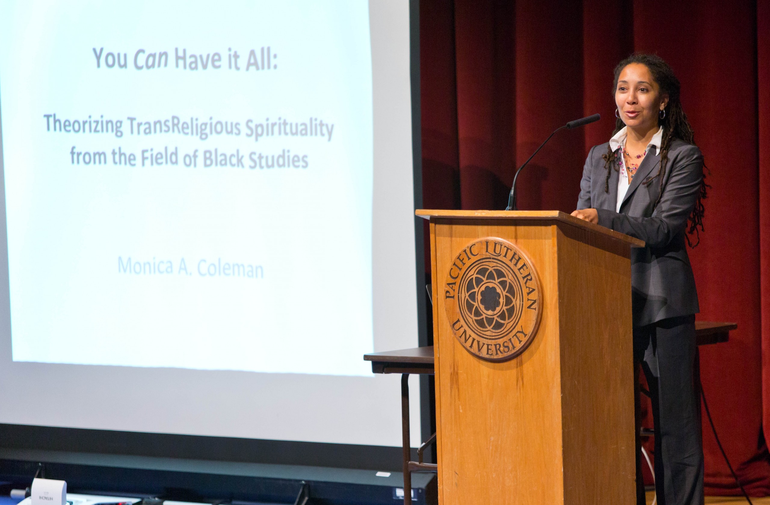 Rev. Monica Coleman, Claremont School of theology, delivers the Knutson Lecture at PLU on Wednesday, Oct. 22, 2014. (PLU Photo/John Froschauer)