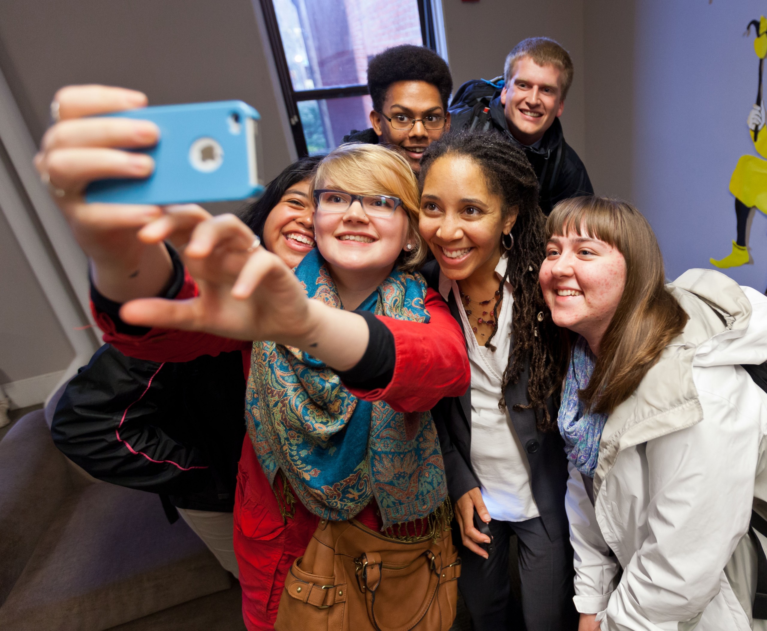 Rev. Monica Coleman, Claremont School of theology, meets with students in Harstad Hall before delivering the Knutson Lecture at PLU on Wednesday, Oct. 22, 2014. (PLU Photo/John Froschauer)