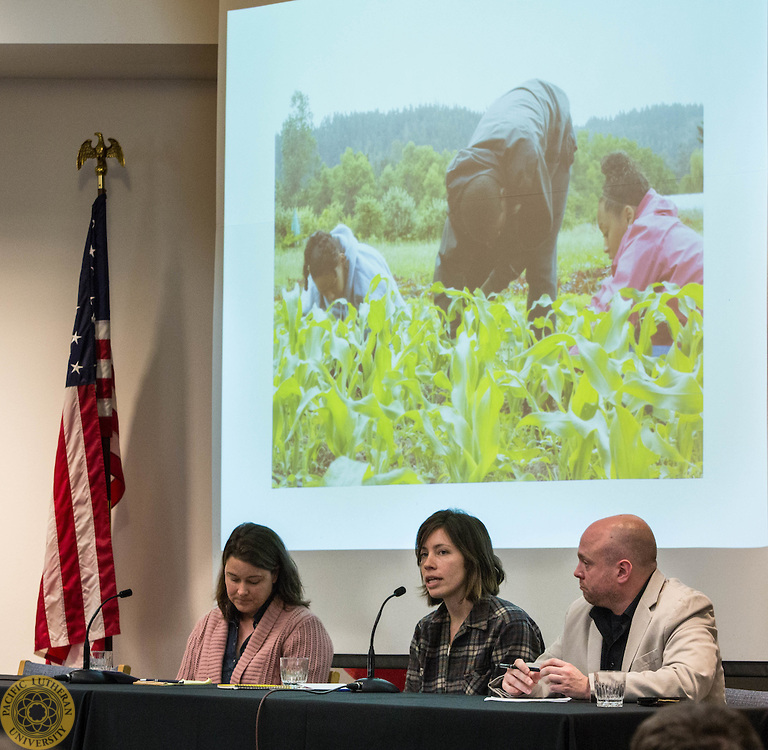 Holly Foster of Zestful Gardens, left, Anika Moran, Mother Earth Farm, center, and Prof. Michael Schleeter, Philosophy, take part on a panel for the Food Symposium sponsored by the Philosophy department of PLU on Monday, Feb. 29, 2016. (Photo: John Froschauer/PLU)