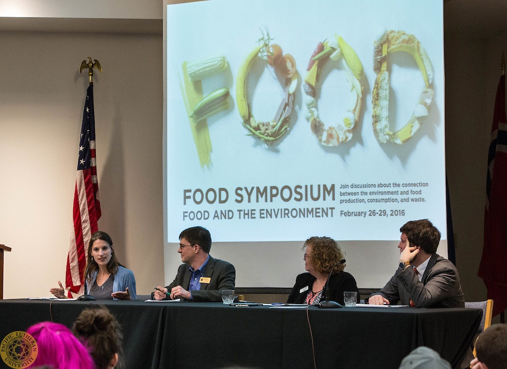 From the left, Prof. Suzanne Crawford-O’Brien, Religion, Prof. Kevin O’Brien, Religion, Sue Potter, Executive Director FISH, and Ryan Ceresola, Sociology, take part on a panel for the Food Symposium sponsored by the Philosophy department of PLU on Monday, Feb. 29, 2016. (Photo: John Froschauer/PLU)