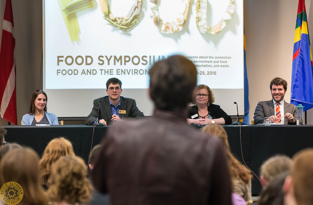 From the left, Prof. Suzanne Crawford-O’Brien, Religion, Prof. Kevin O’Brien, Religion, Sue Potter, Executive Director FISH, and Ryan Ceresola, Sociology, take part on a panel for the Food Symposium sponsored by the Philosophy department of PLU on Monday, Feb. 29, 2016. (Photo: John Froschauer/PLU)