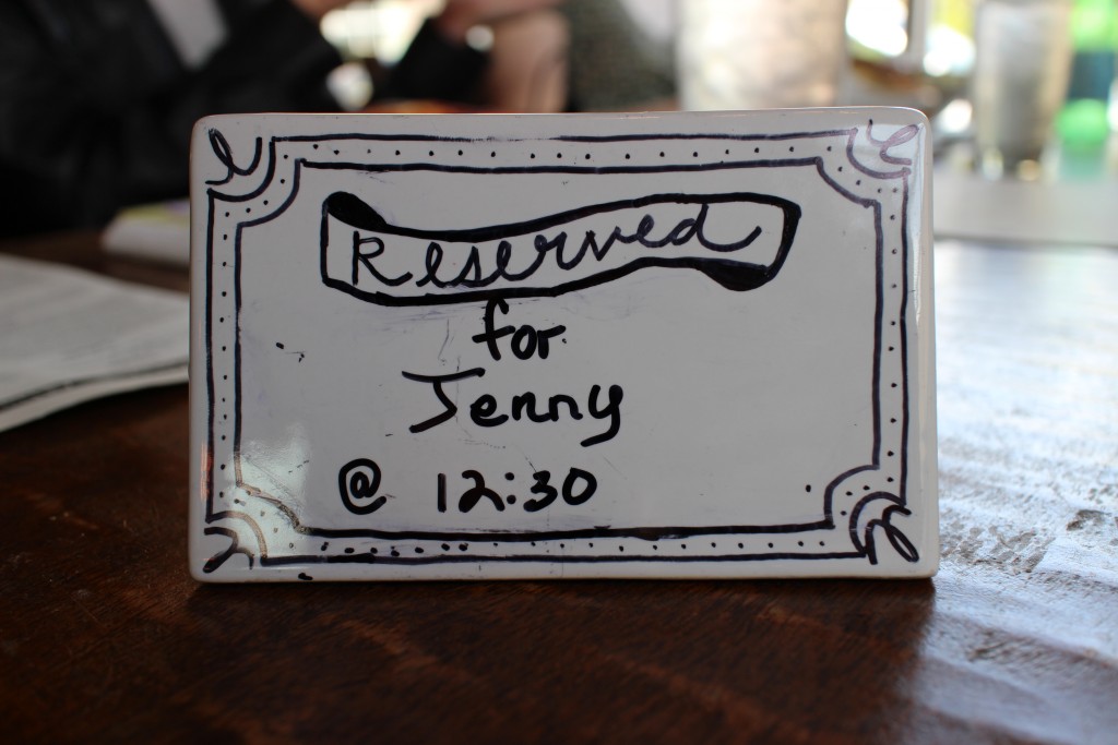 Reserved Sign reserving a table at 208 Garfield for Jenny James
