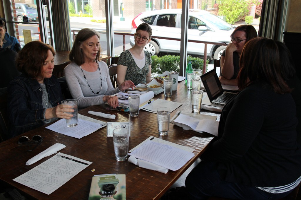 English Department Workshop Jenny James, Callista Brown, Nancy Simpson Younger, Lisa Marcus, Adela Ramos, and Rona Kaufman discuss Callista Browns work-in-progress