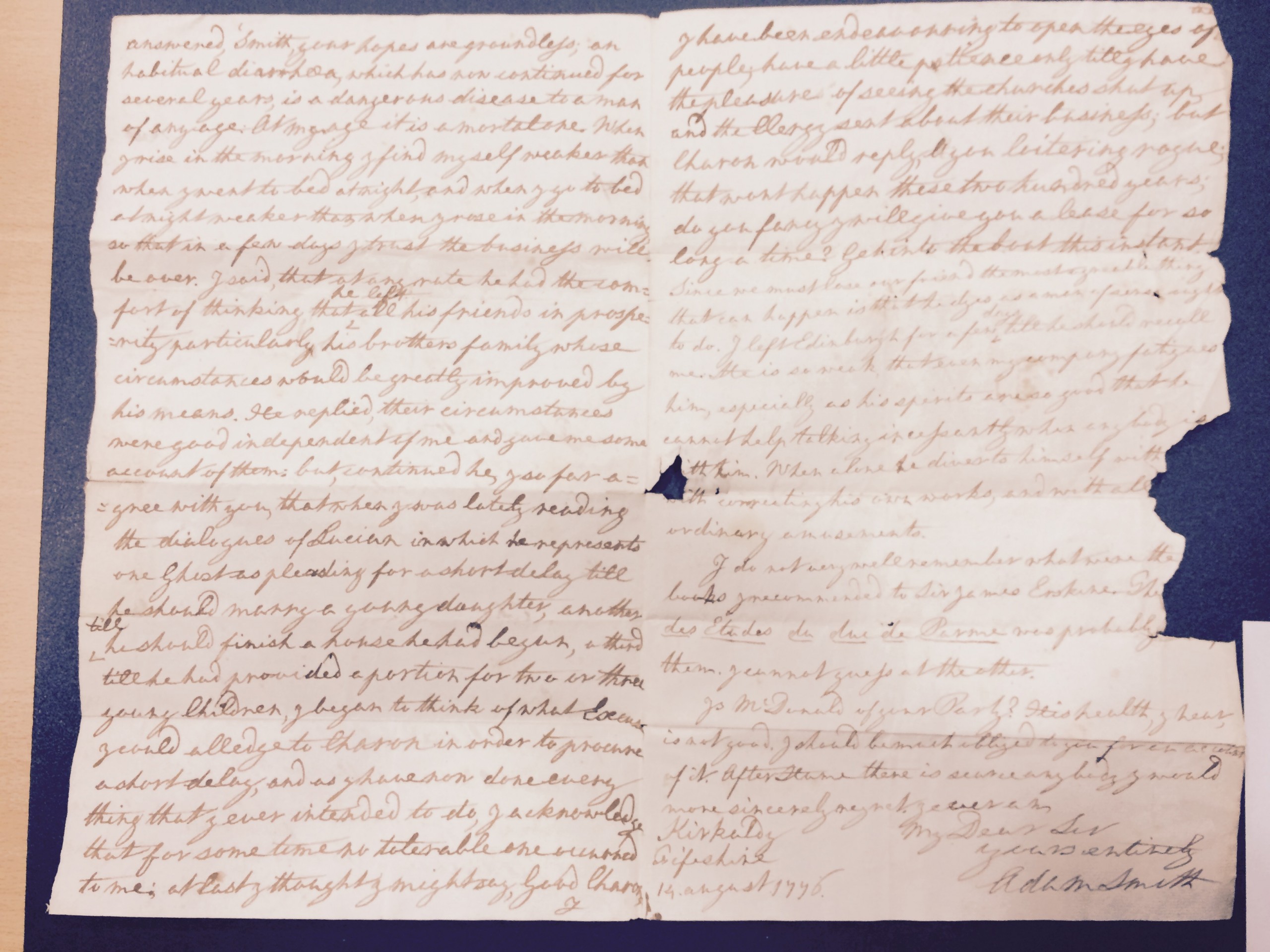 photo of one of Adam Smith's private letters