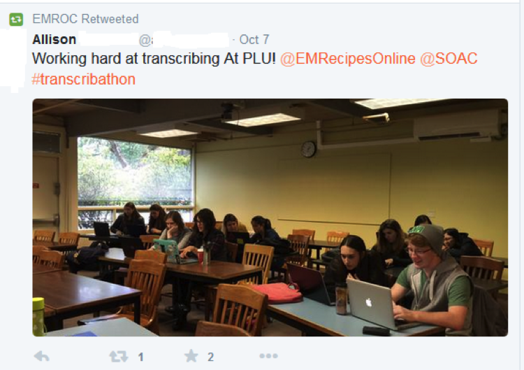 tweet showing students working hard at recipe transcribing