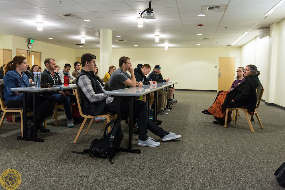 Dr. Vandana Shiva, Founder, Navdanya talks with students during the Wang Center Symposium 