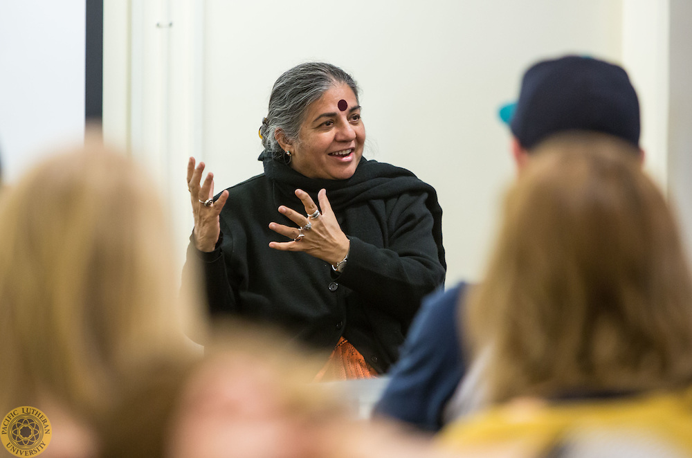 Dr. Vandana Shiva, Founder, Navdanya talks with students during the Wang Center Symposium 