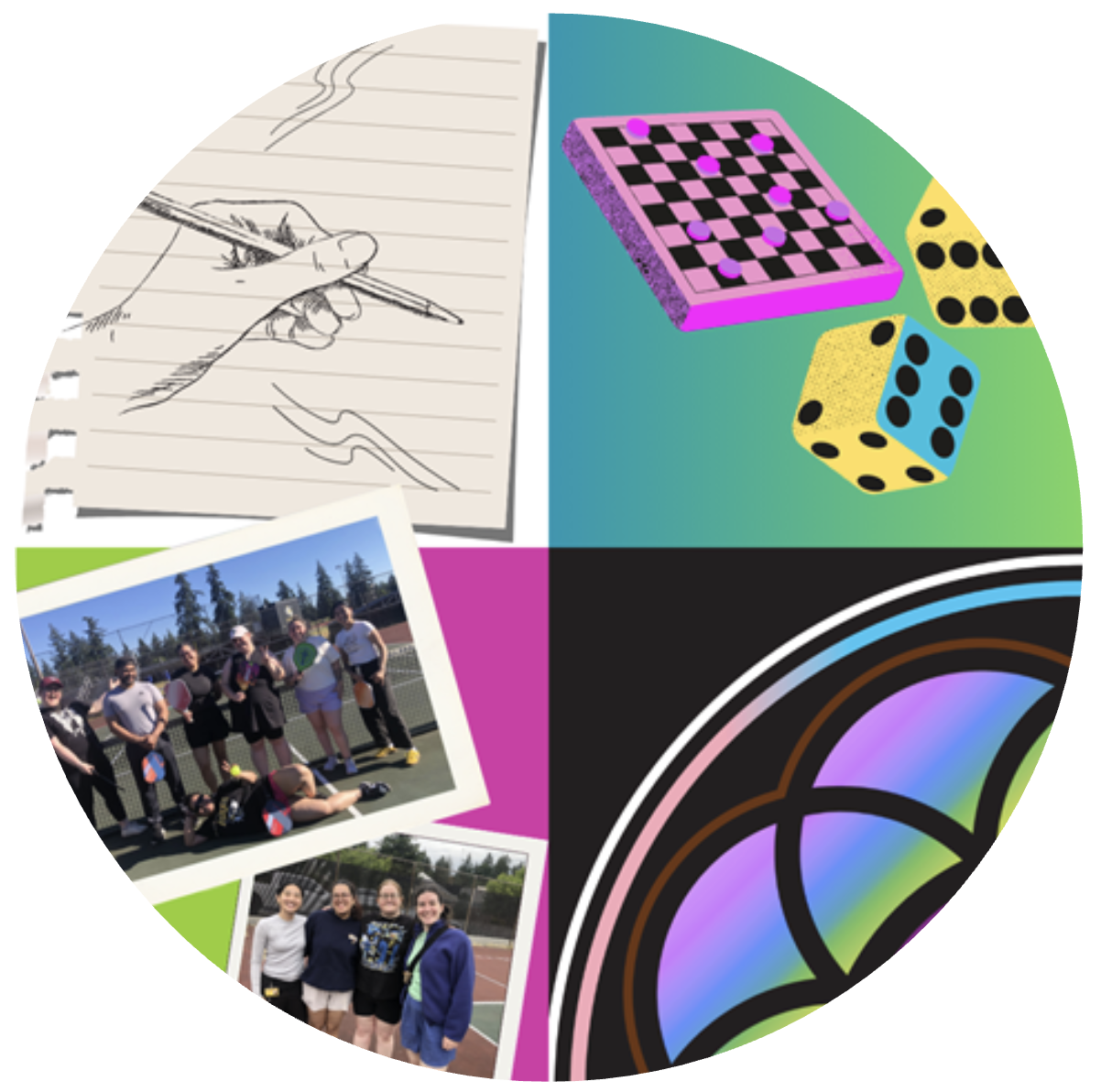 PLUSC Employee Groups PLUSC Employee Groups: drawing picture, game pieces, rainbow rose window, and photos of staff