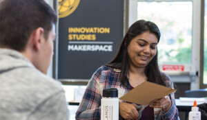 Intro to Business class working on ideas for products they are designing in the Makerspace in Hinderlie Hall at PLU.