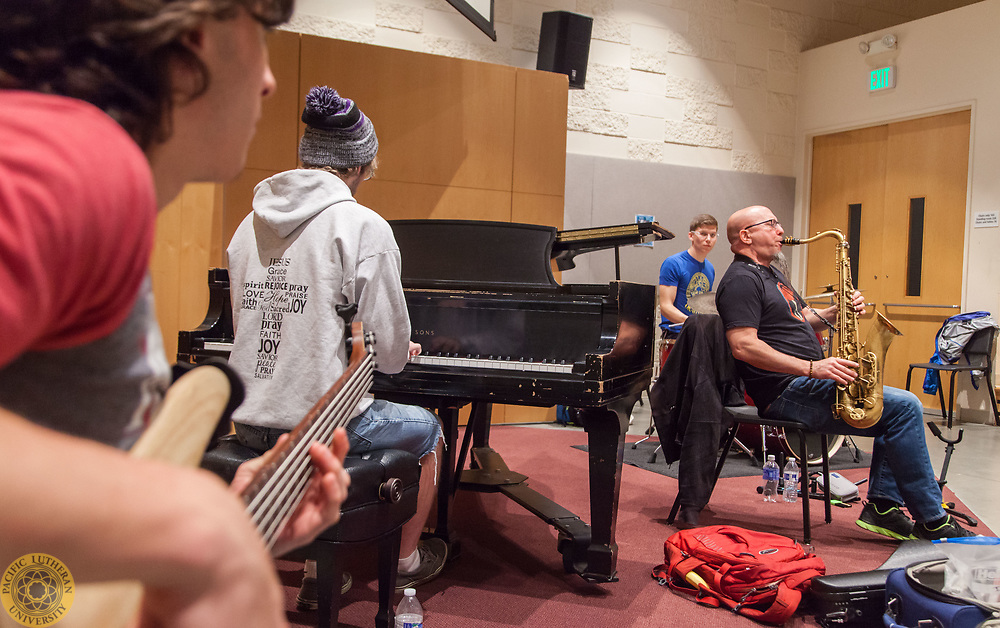 Jazz saxophonist Jeff Coffin leads a music class at PLU, Wednesday, April 19, 2017. (Photo: John Froschauer/PLU)