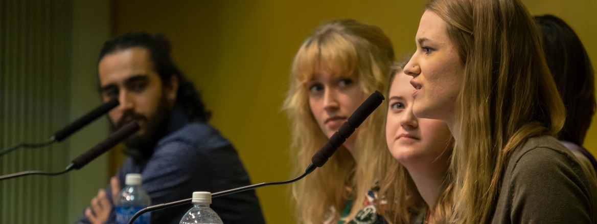 From left, Theo Hofernning '17, Olga Kaczmarek, Forum for Dialogue in Poland, Ariel Wood '17, Ellie Lapp '17, and Taylor Bozich '17, participate in a discussion during the Powell-Heller Holocaust Conference at PLU, Wednesday, Oct. 19, 2016. (Photo: John Froschauer/PLU)