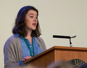 Lexi Jason '17, speaking during the Powell-Heller Holocaust Conference at PLU, Wednesday, Oct. 19, 2016. (Photo: John Froschauer/PLU)
