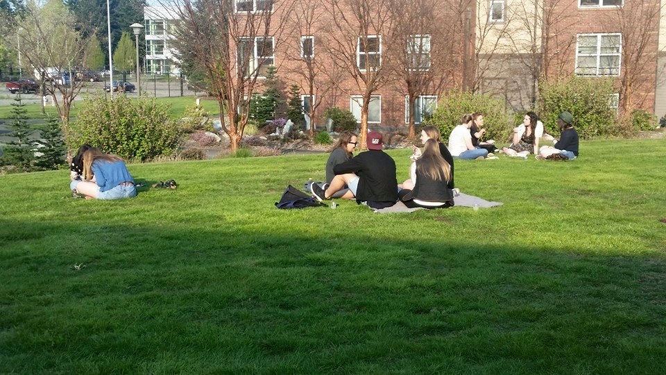 Students enjoying the sun on South Hill's lawn.