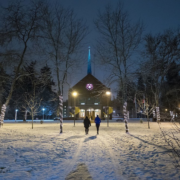 Winter at PLU with KHP building and lights.