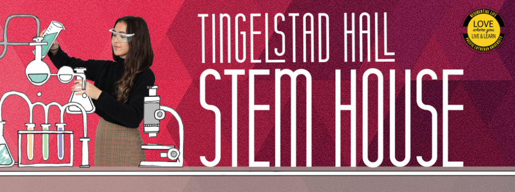 Student with beaker: "Tingelstad Hall STEM House"