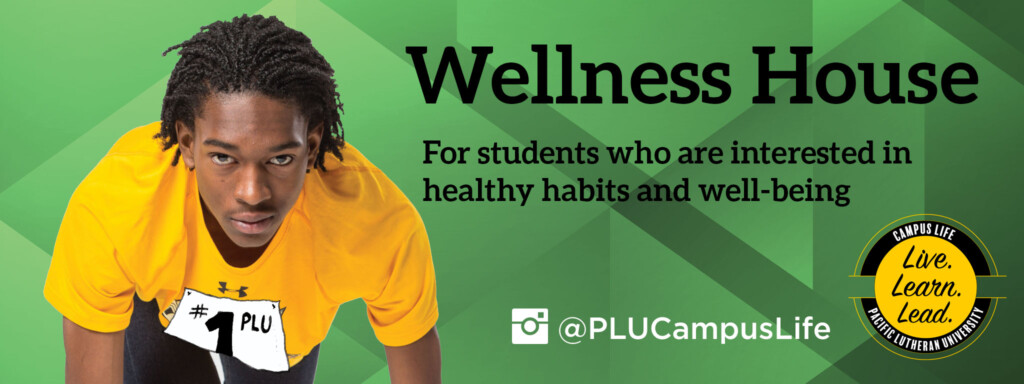 Student in position ready to start a race. Text reads, "Wellness House."