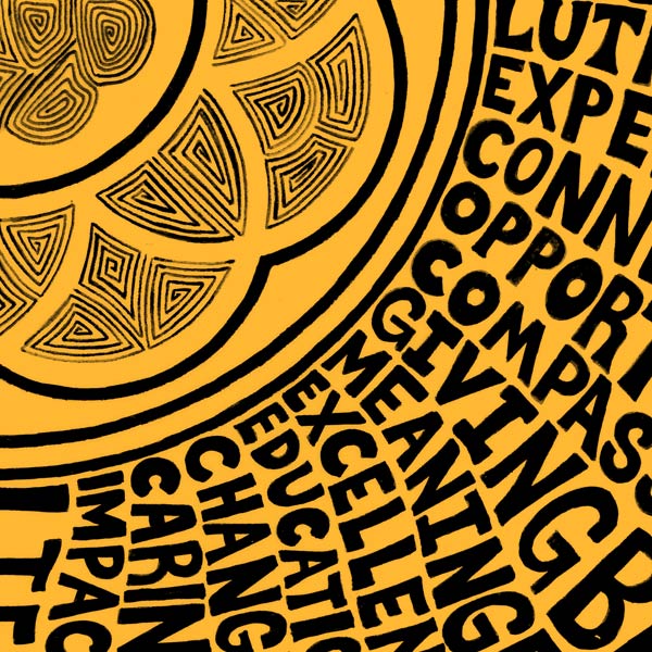 PLU rose window with descriptive words about what PLU represents