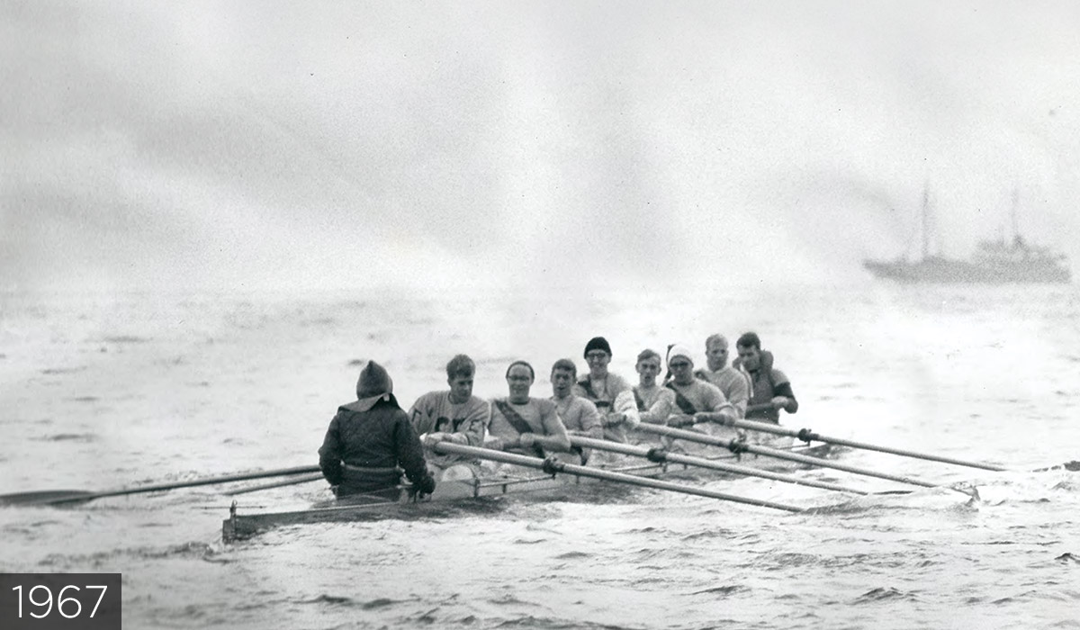 PLU Crew members in 1967 rowing the Loyal Shoudy back to campus