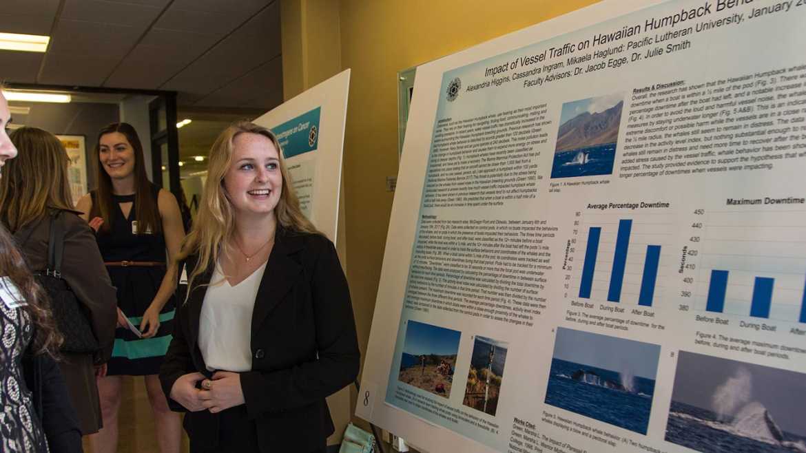 Two PLU students look at a big posterboard