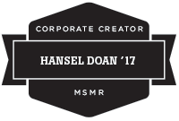 A badge that reads Corporate Creator, Hansel Doan '17, MSMR