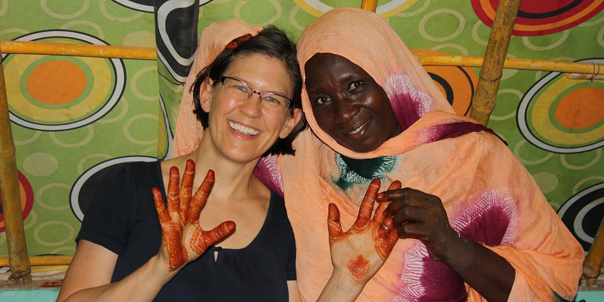 Katherine Wiley with Dayda Mint Hamoud, right, a good friend from Kankossa, who is an entrepreneur with a stall in the market, a dyeing business and various gardening projects.