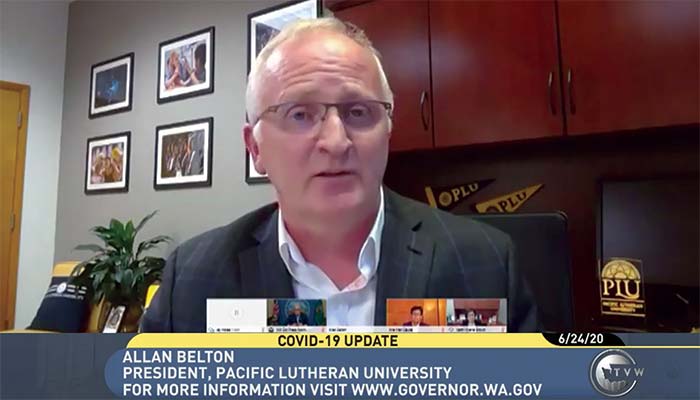 On June 24, PLU President Allan Belton joined Washington Gov. Jay Inslee in a virtual press conference to announce the governor’s plan to allow in-person instruction to resume at higher education institutions.