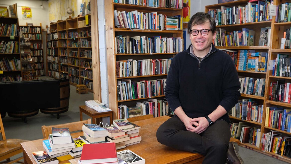 Associate Professor of English Jason Skipper at King's books, Tuesday, June 16, 2020, in Tacoma. (Photo: PLU/John Froschauer)